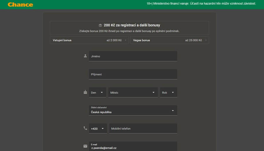 Registrační formulář u Chance Vegas