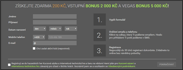 Registrace u Chance Vegas