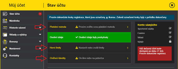 Jednotlivé kroky nutné k plnohodnotnému účtu u Fortuny