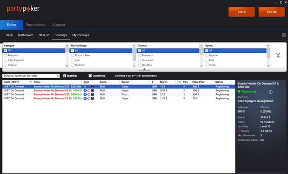 Turnaje Bounty Hunter on Demand na herně partypoker hledejte jak v záložce turnajů, tak i Sit and Go.