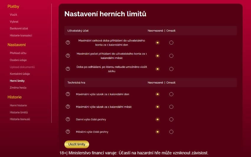 Nastavení limitů LuckyBet