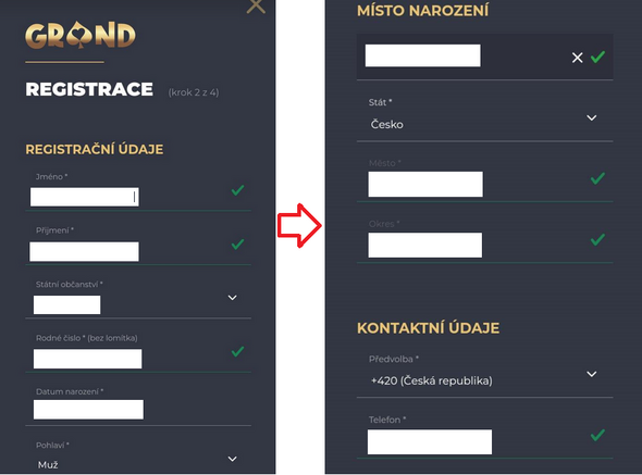 Registrace v online casinu Granwin 2. krok