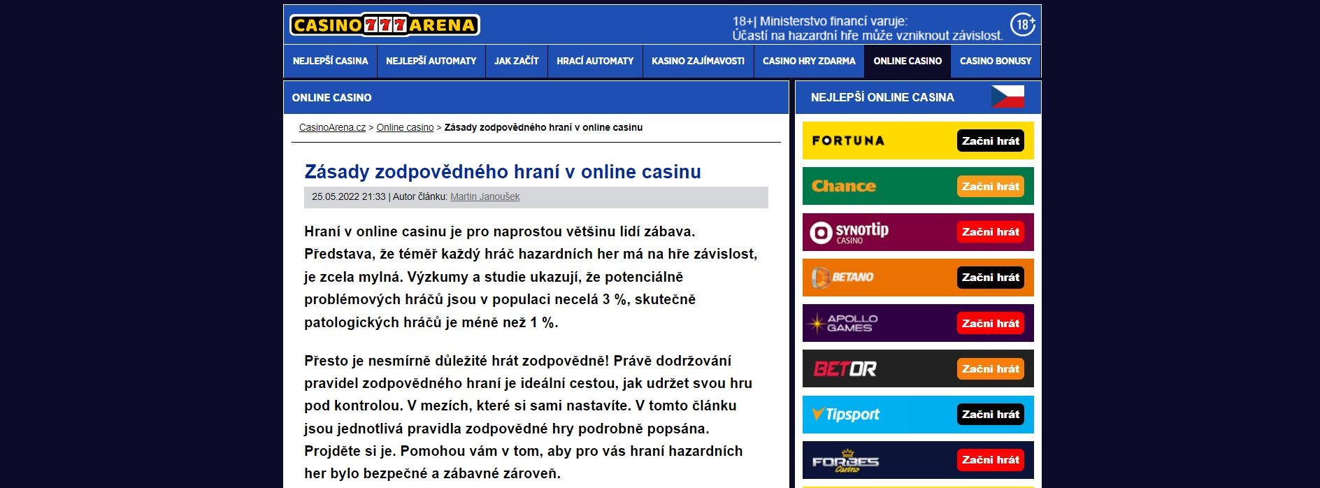 Zodpovědně v online casinu - Casino Aréna CZ