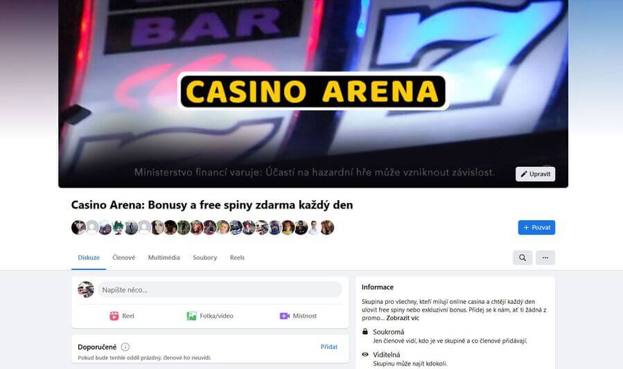 Náhled FB skupiny Casino Arena: Bonusy a free spiny zdarma každý den