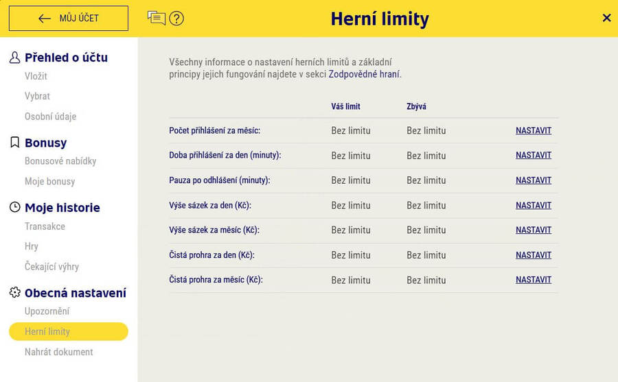 Nastavení herních limitů při Sazka Hry registraci